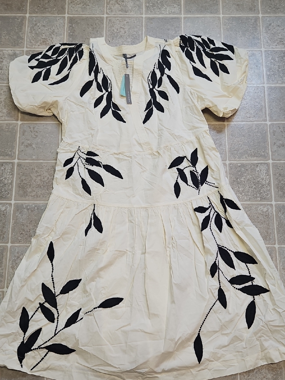 Anthropologie Ivory maxi dress with Black Embroidered Leaf Panels